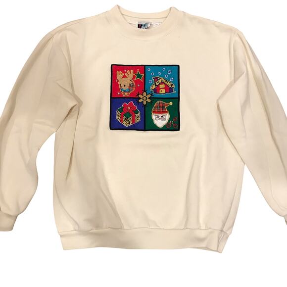 Vintage NWOT Christmas Applique Sweatshirt Size Medium Santa Reindeer - Picture 1 of 6